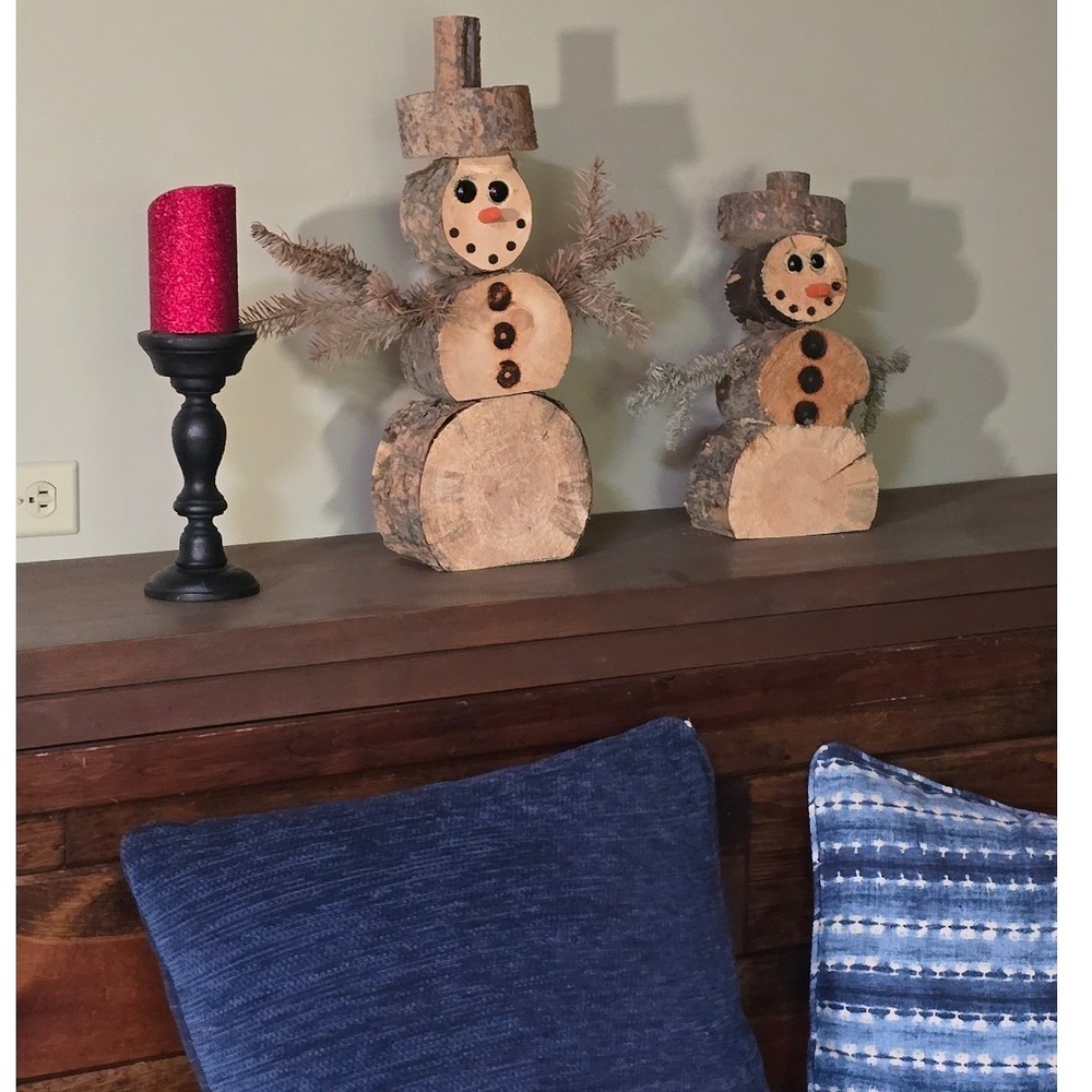 Rustic Wood Log Snowman Christmas Decor Set of 2 Handcrafted Holiday Farmhouse